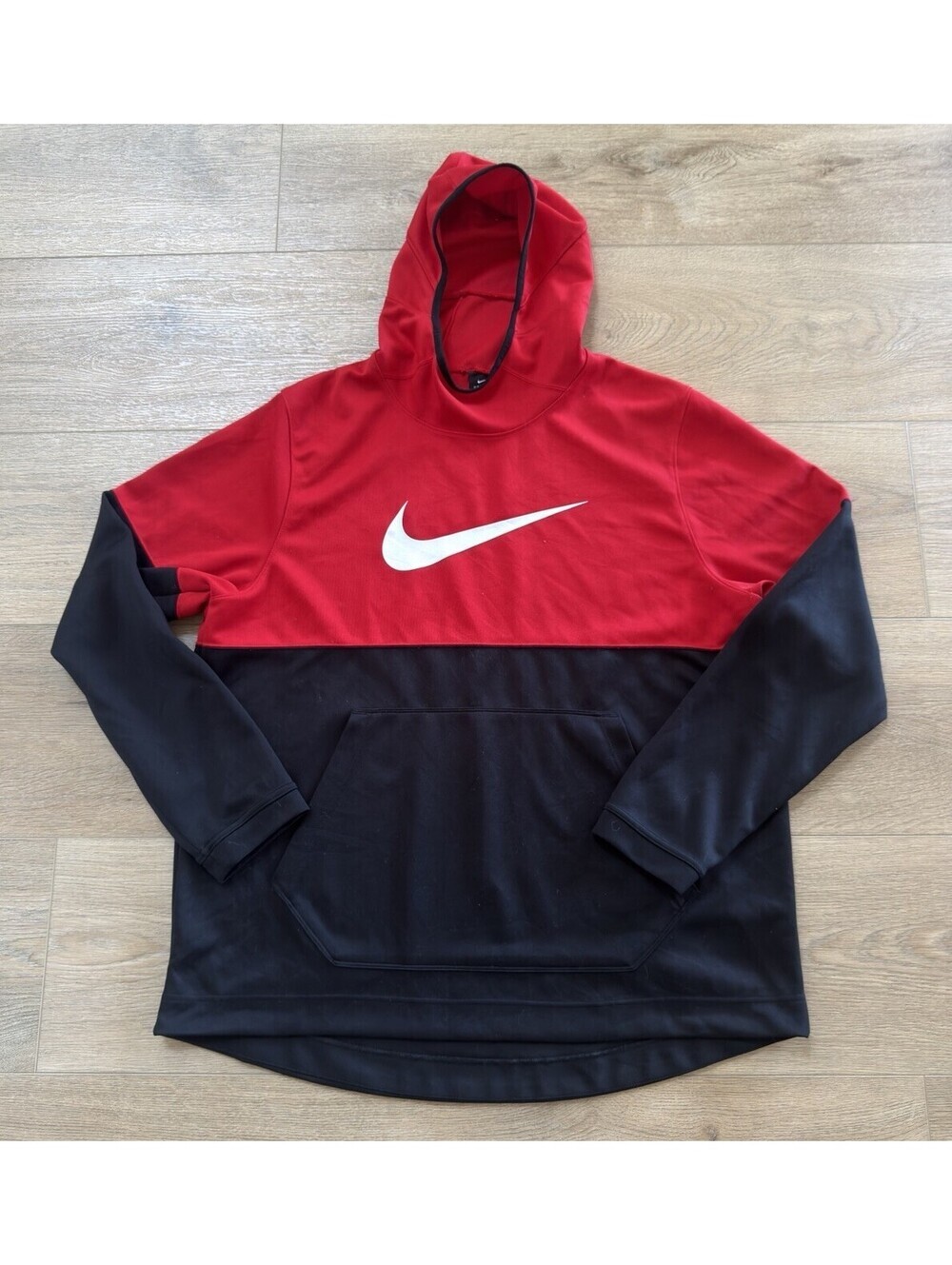 Nike Therma Fit Hoodie Red Black Pullover Swoosh Athletic Sweatshirt XL FLAW